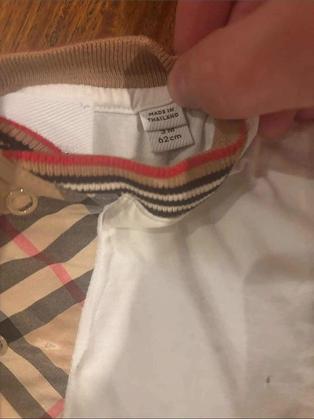 Burberry White Baby One-Piece with Signature Plaid Trim -Damaged